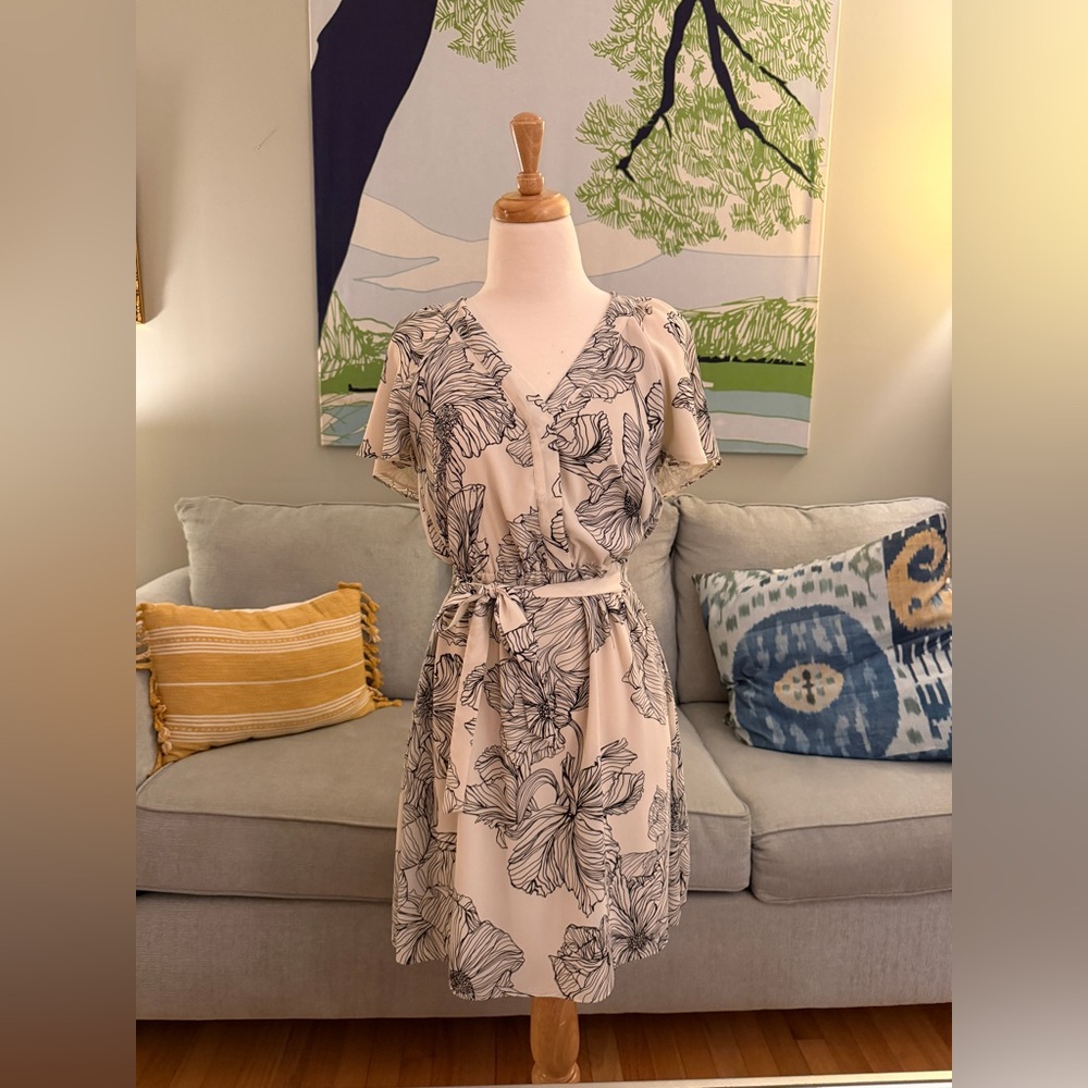 H&M Beige and Black Floral Wrap Midi Dress